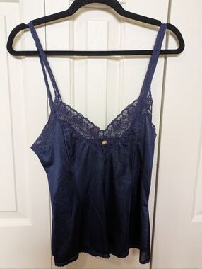 Vintage Janice Young for Papillon-Blanc Navy Satin & Lace Cami